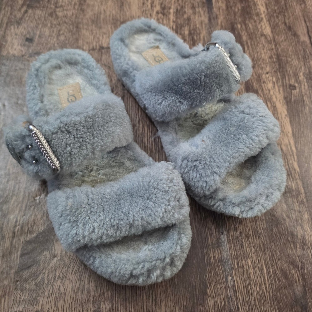 UGG Cozette Buckle Slippers Women 6 Grey Sheepskin Slide Sandals 1112711